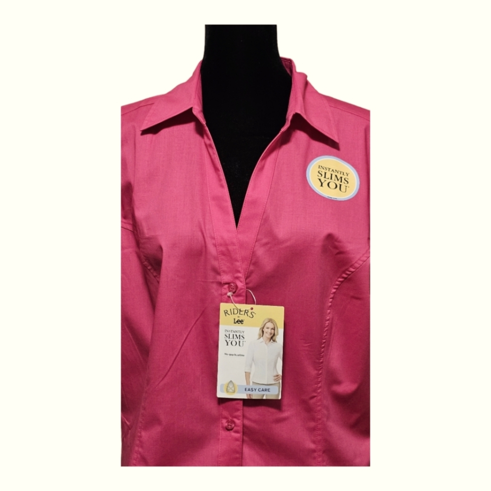 RIDERS by LEE Women's Wrinkle Resistant Button-Down Shirt with Collar Pink L - Picture 2 of 7